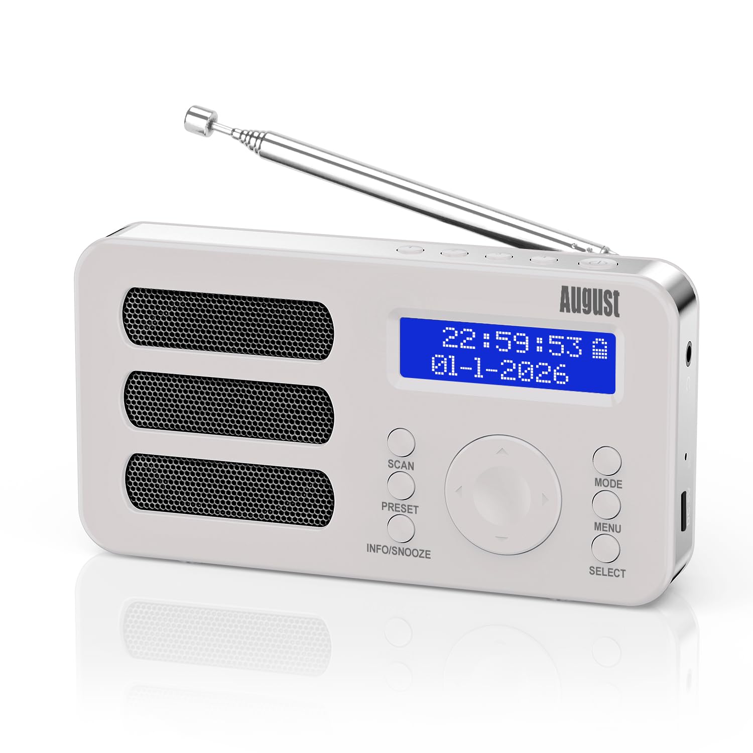 August MB225 - Przenośne radio cyfrowe - DAB/DAB + / FM - funkcja RDS, możliwość zaprogramowania 40 stacji, przenośne radio stereo/mono, podwójny alarm, akumulator, gniazdo słuchawkowe (białe)
