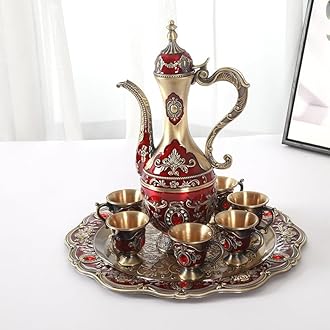 Vintage Turkish Tea Set with Tray and 6 Cups Retro Coffee Pot Cups Set Exquisite Wine Pot Set Decorative Vintage Tea Service Set for Home Party Decor (Retro Red)