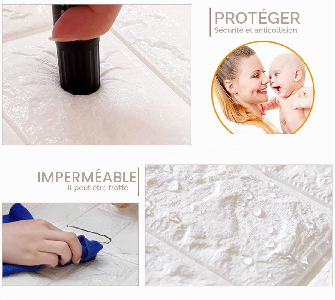 NHSUNRAY Papier Peint Brique 3D Papier Peint Adhesif Panneau Mural Adhésif Mousse PE Stickers Murale Décoradif Dalle Adhesive Murale pour Chambre Maison Cuisine (Blanc, 10 Pièce)