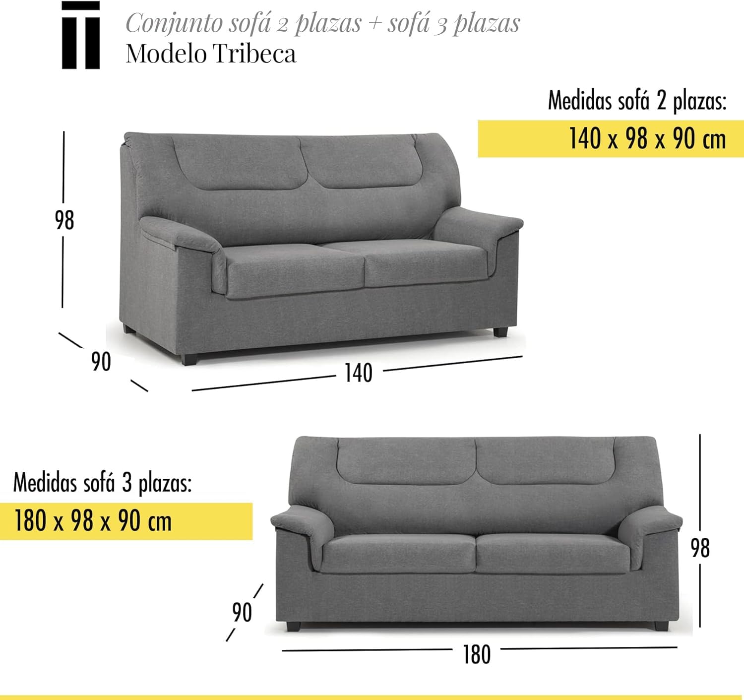 SHIITO | Modelo Tribeca - Conjunto con Sofa 3 Plazas + Sofá 2 Plazas | Máximo Relax y Confort | Color Gris