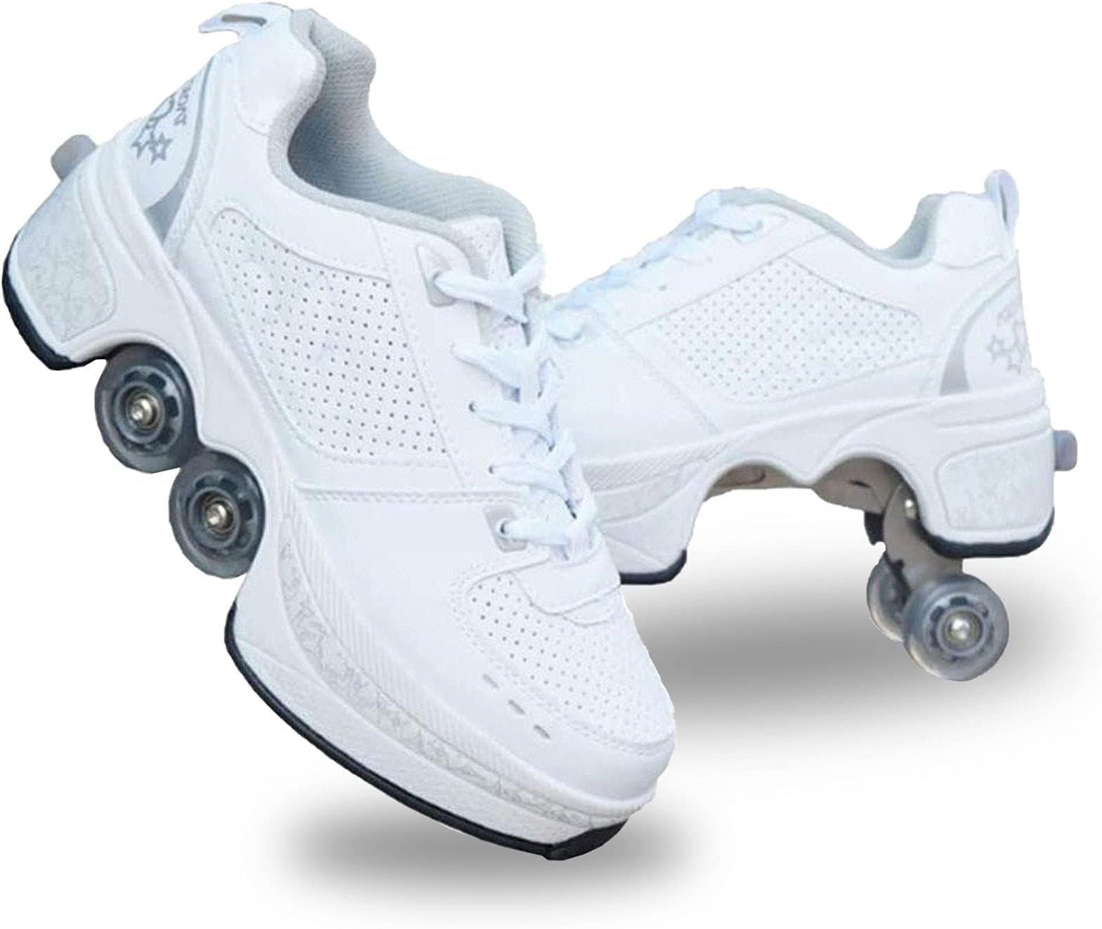 Deformation Roller Shoes Male and Female Skating Shoes Adult Children's Automatic Walking Shoes Invisible Pulley Shoes Skates with Double-Row Deform Wheel… White