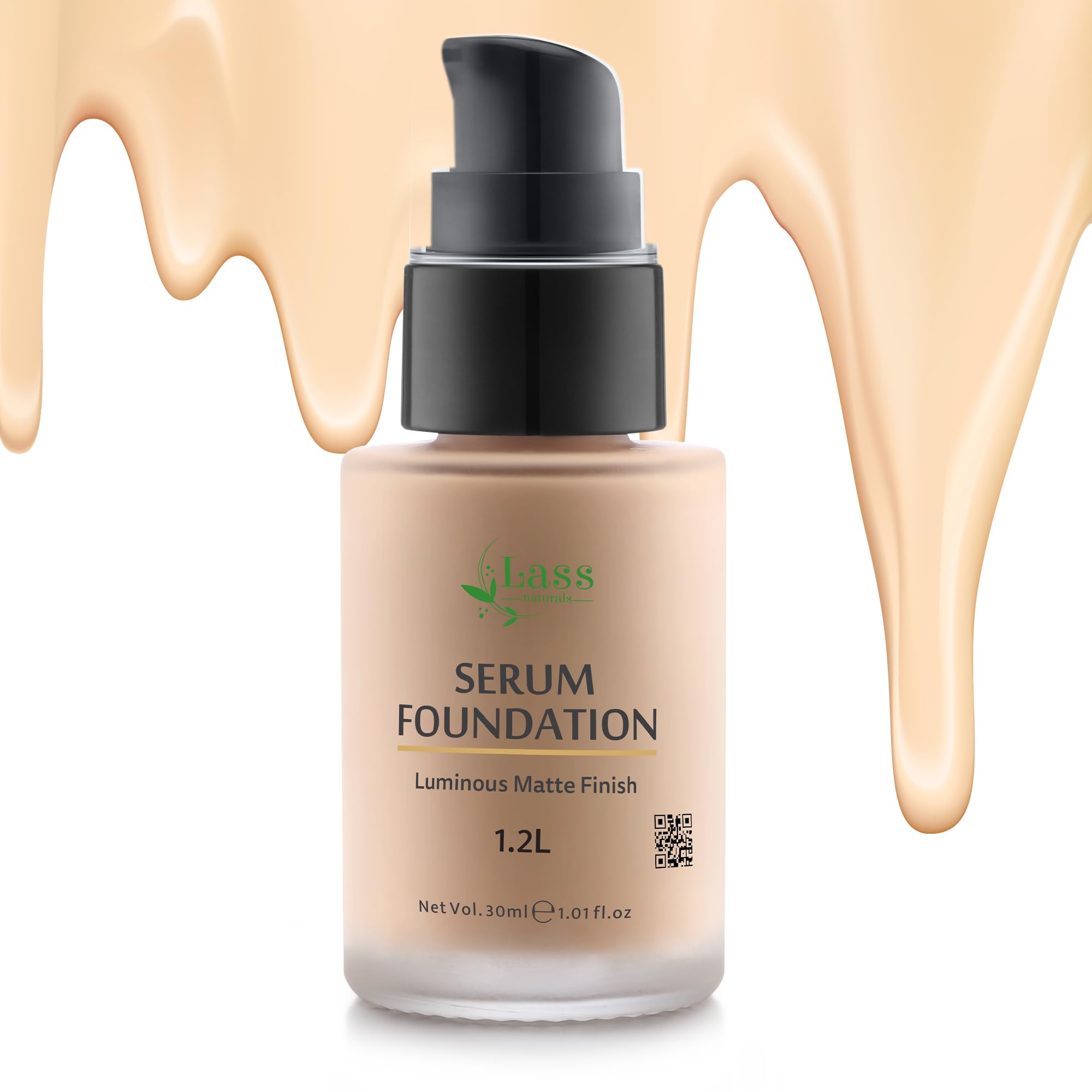 Lass Natural Serum Foundation, Luminous Matte Finish Aqua Base, With SPF 30+, Hyaluronic Acid & Salicylic Acid 0.15%, No Sillicons & Paraben, No Artificial Color, 1.2 Light - 30ml