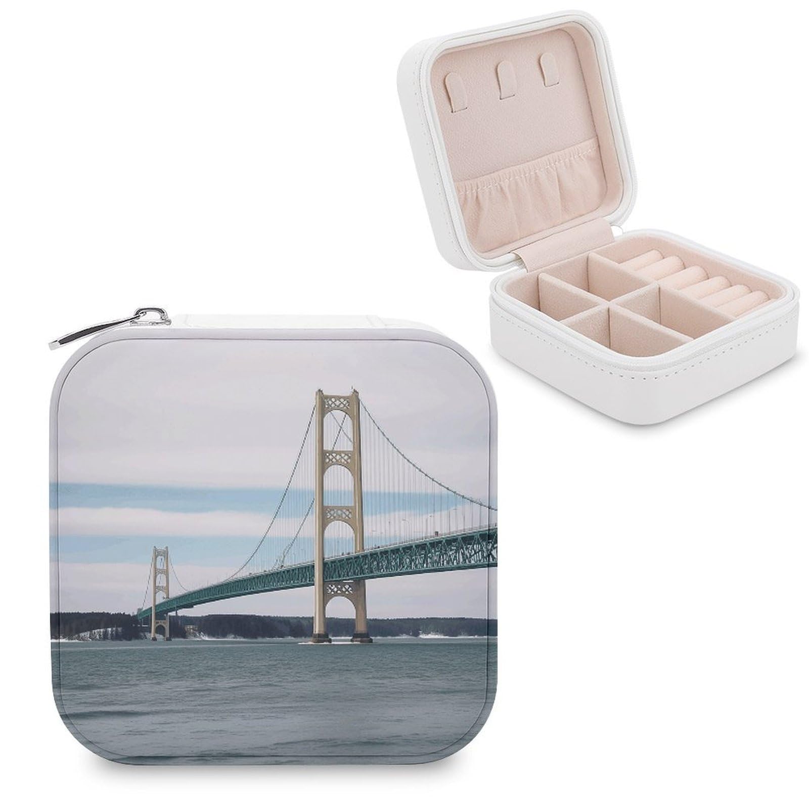 VstaDank Mackinac Suspension Bridge Jewelry Box Exquisite Leather Jewelry Organizer Portable Trinket Organizer Fashion Travel Jewelry Case for Rings Earrings Necklaces Unique Gifts for Women