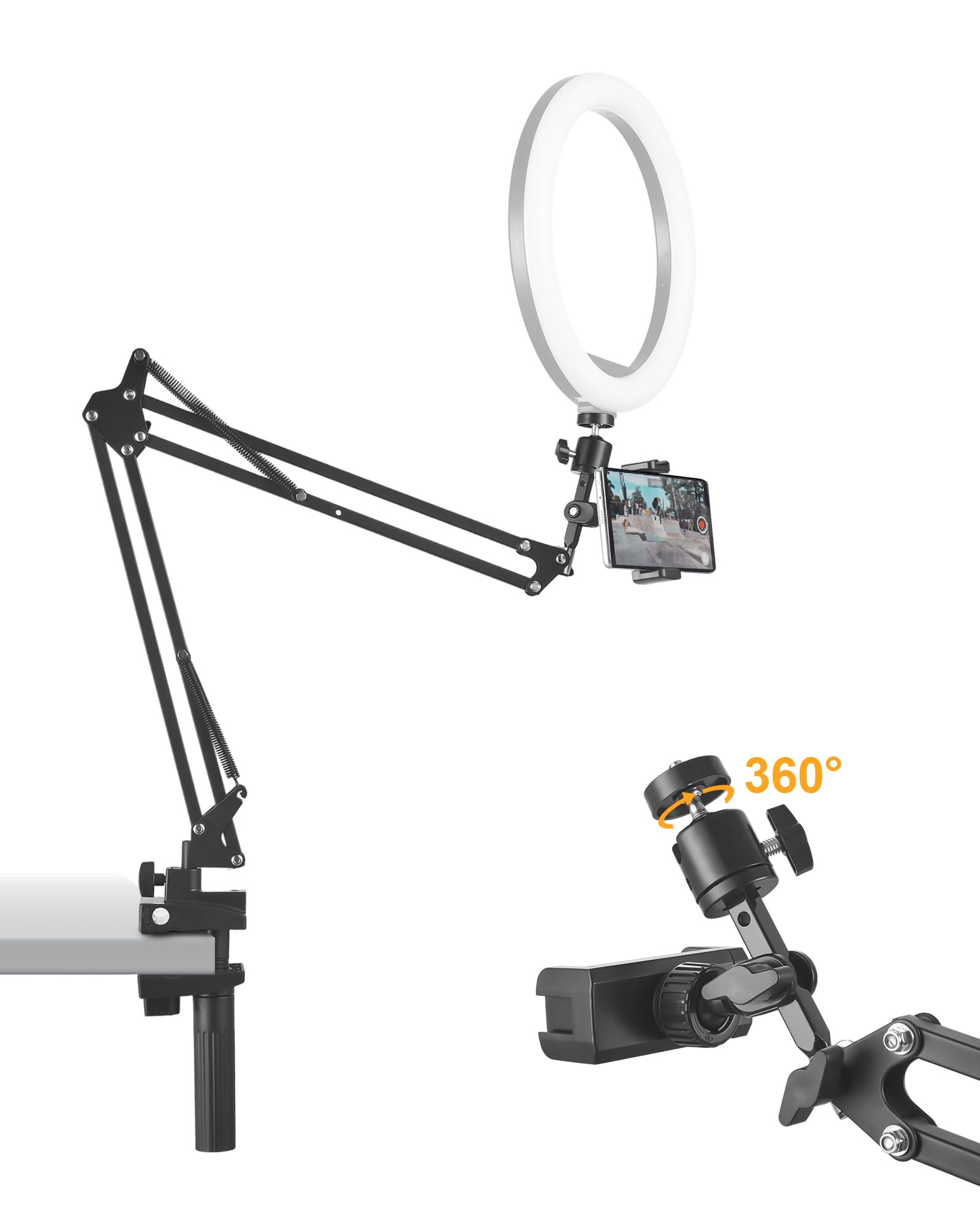 Phone Holder for Bed Desk Flexible Camera Arm Desk Mount Clamp with Phone Holder and Ball Head Overhead