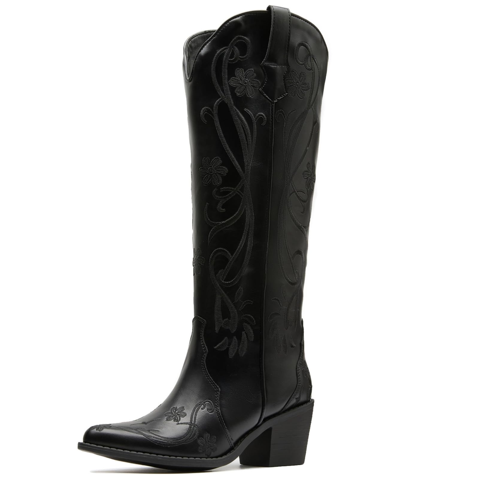 Cowboy Boots for Women Embroidered Knee High Vintage Western Womens Cowgirl Boots Pointed Toe Chunky Heel