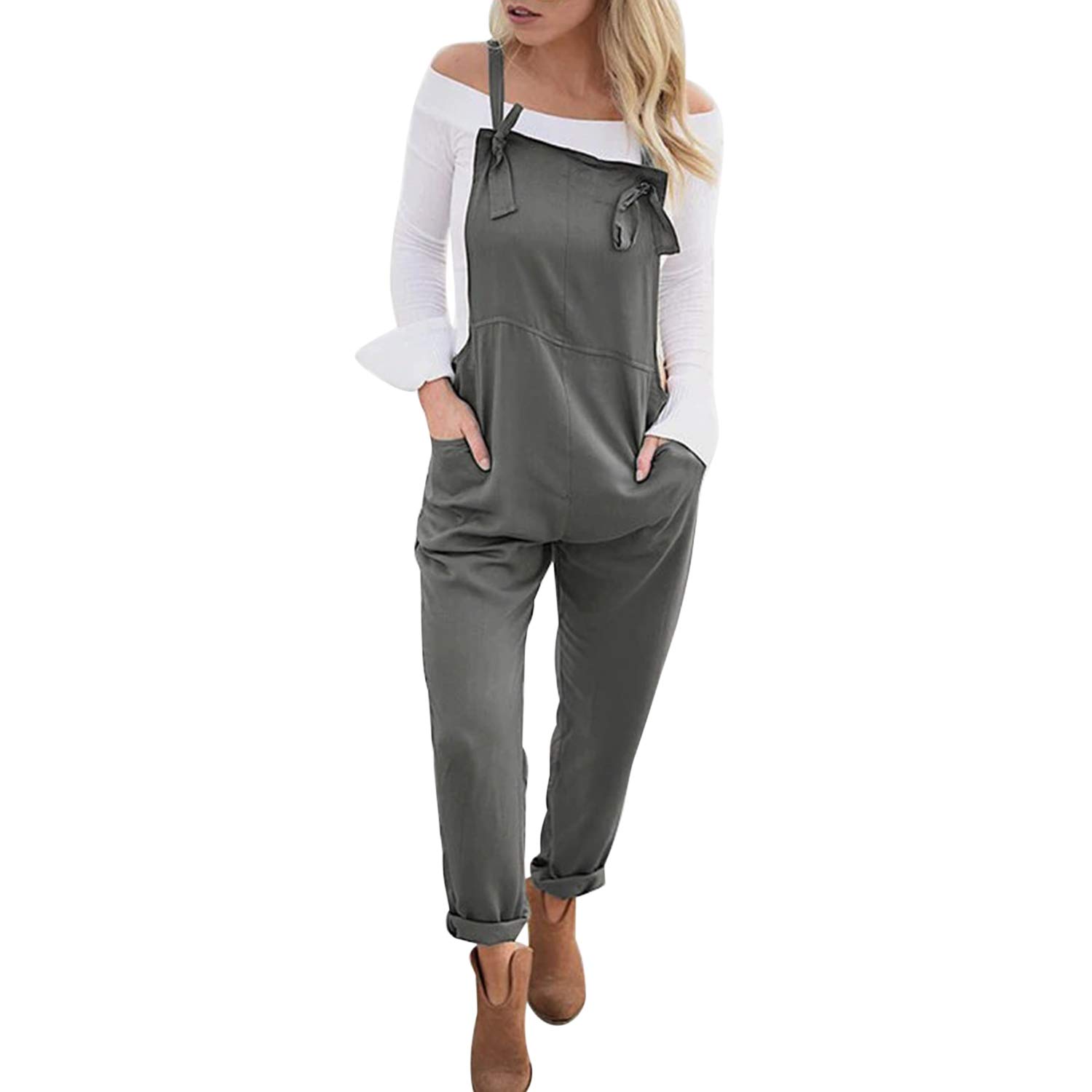 Runstarshow Womens Linen Overalls Baggy Adjustable Strap Sleeveless Jumpsuit Playsuit Bib Pants Dungarees with Pockets