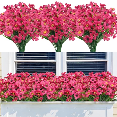 Image of Bassion 24 Bundles Artificial Flowers for Outdoors Decorations, Fuschia | UV resistant, silk fake flowers, realistic faux plants, outside planter window box porch garden home decoration