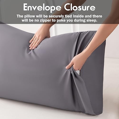 Miniatura 4 de Paquete de 2 fundas de almohada de tamaño estándar, fundas de almohada refrescantes de rayón de bambú gris oscuro con cierre de sobre, funda de