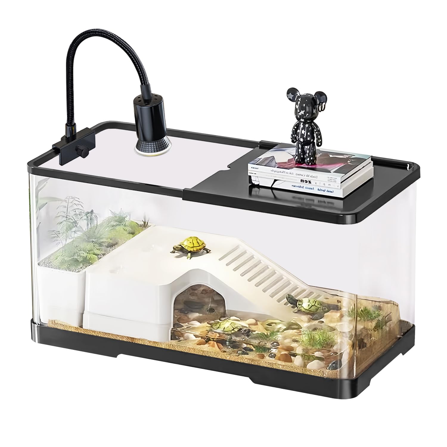 (Tank + Light + Filter + Filter Balls) Turtle Tank Kit, Turtle Tank Starter Kit,Bottom Drainage, Multi-Function Areas for Turtles, Crabs,Fishes, Amphibians,Reptiles.(15.75 x 8.64 x 8.64 Inch)