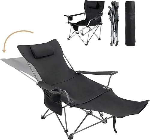 Silla de camping reclinable con reposapiés extraíble, silla de playa ajustable con reposacabezas acolchado, portavasos y bolsa de transporte, silla