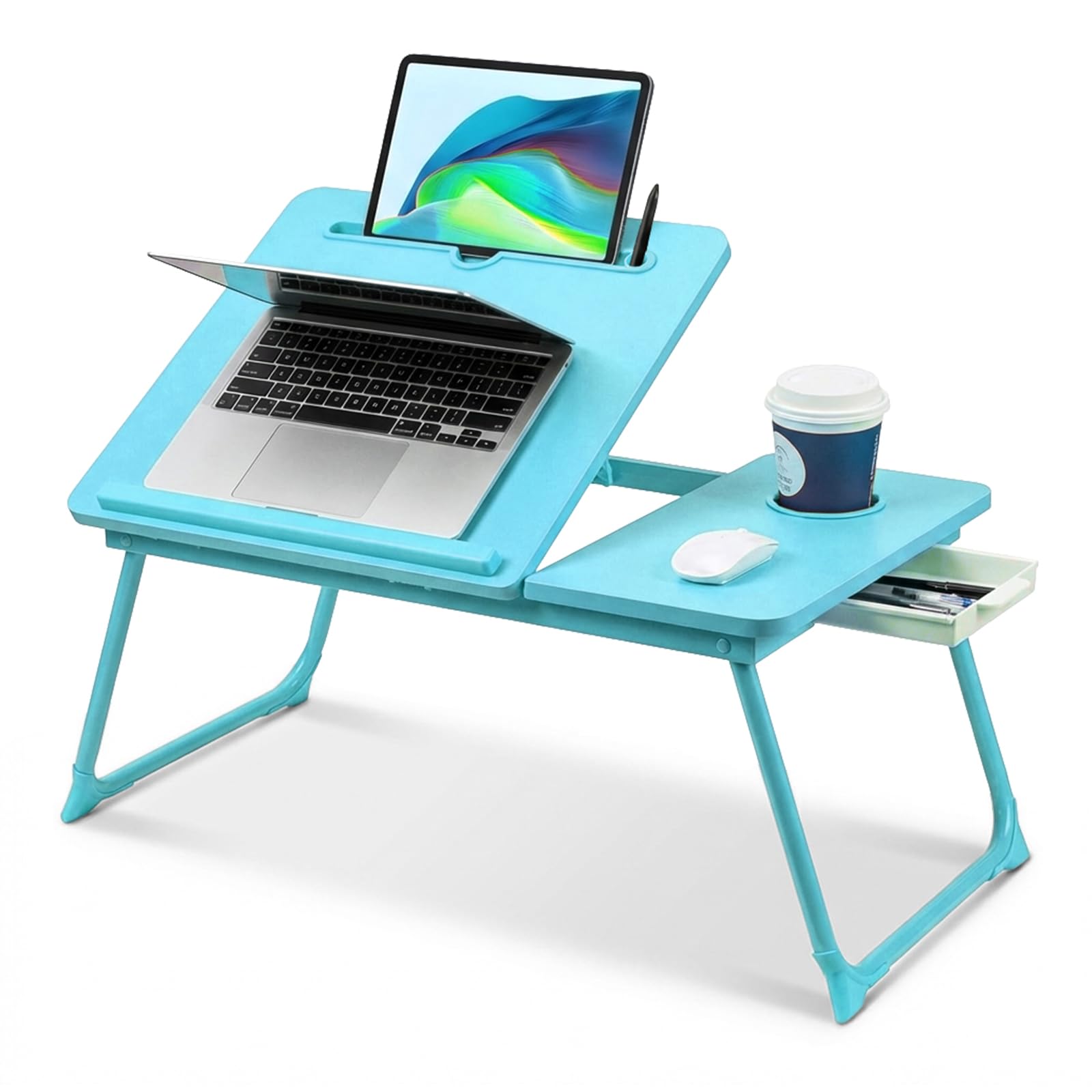 LN Cozy CORNE Foldable Laptop Desk, Height Adjustable Laptop Table with Cup Holder & Reading Holder, Portable Bed Tray Table for Sofa Bed Floor Suitable for Reading Working (Blue, Upgraded)