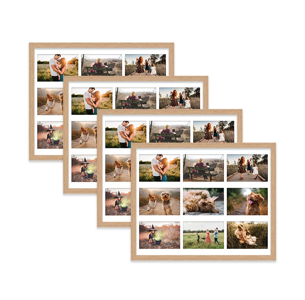 Oak Multi Photo Frame - Holds 9 x 6x4 Pictures, Family Collage Picture Frame for Wall Display, 20x16 Frame size, Set of 4