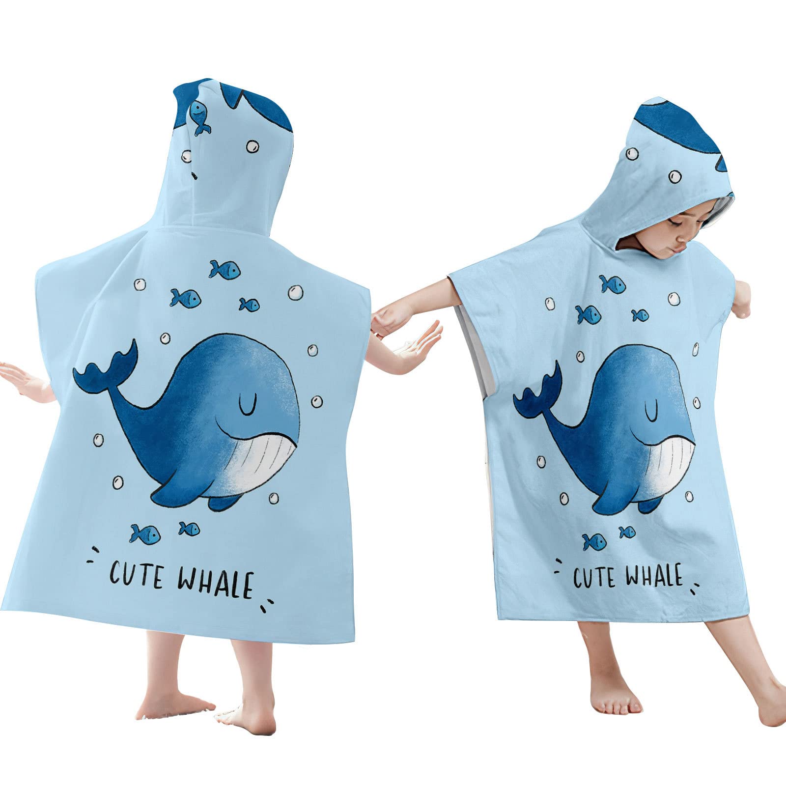Treer Kinderhanddoek poncho met capuchon, kinderen dieren cartoon print microvezel lichtgewicht veranderende gewaad capuchon jongens meisjes badmuts poncho surf wetsuit veranderen (23,6 x 23,6 inch, walvis