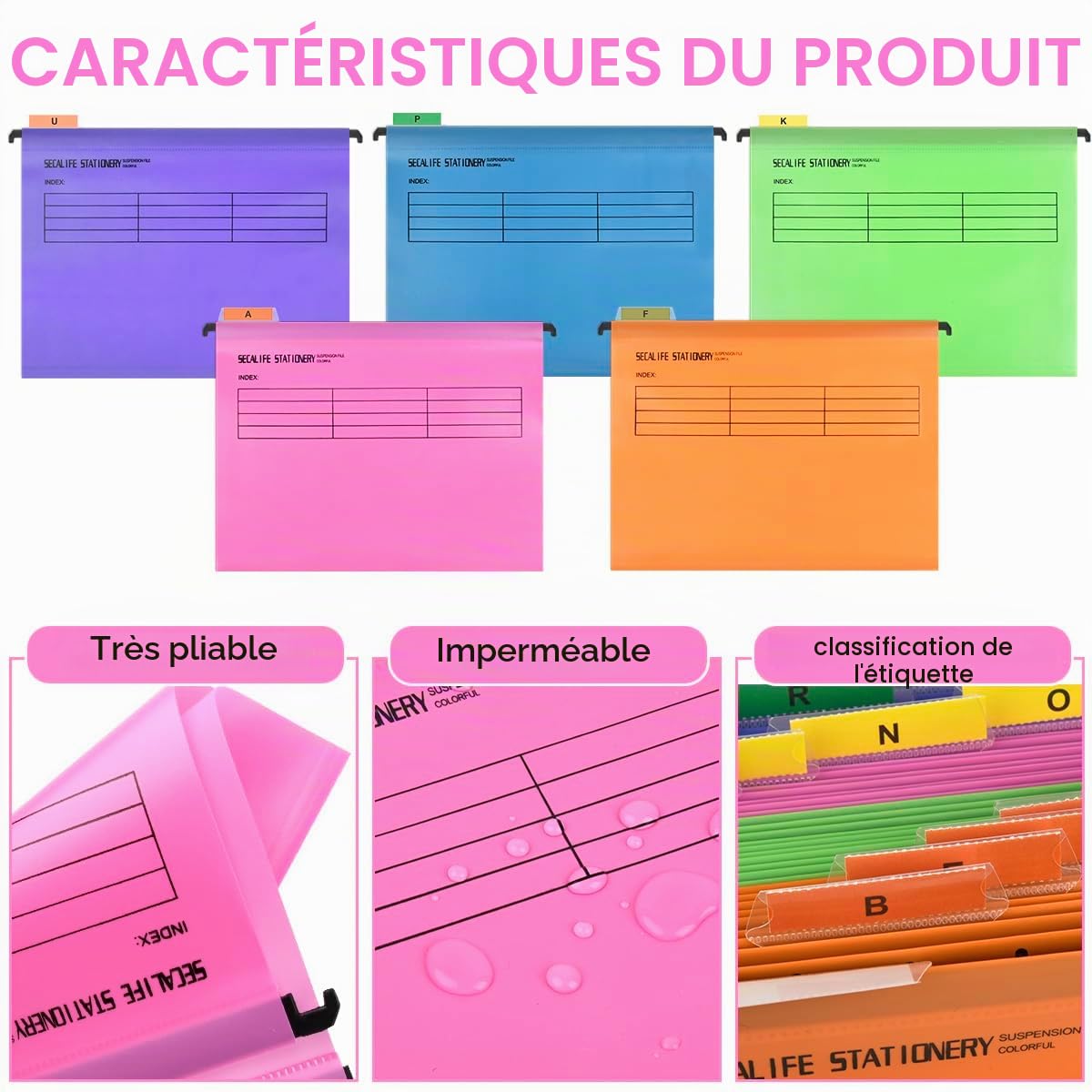 24Pcs Dossiers Suspendus A4 Classeur en PP Dossier Suspendu pour Tiroir,Hanging File Folder pour Armoires de Classement avec Onglets et Insertions pour École, Maison et Bureau