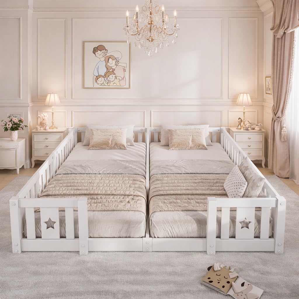 Letto Montessori Doppio 2x90x200 in Legno Massello, Letto Bambini con Sponde di Sicurezza, Letto a Terra per Cameretta, Letto Bambini Montessori, senza Rete a Doghe, Bianco