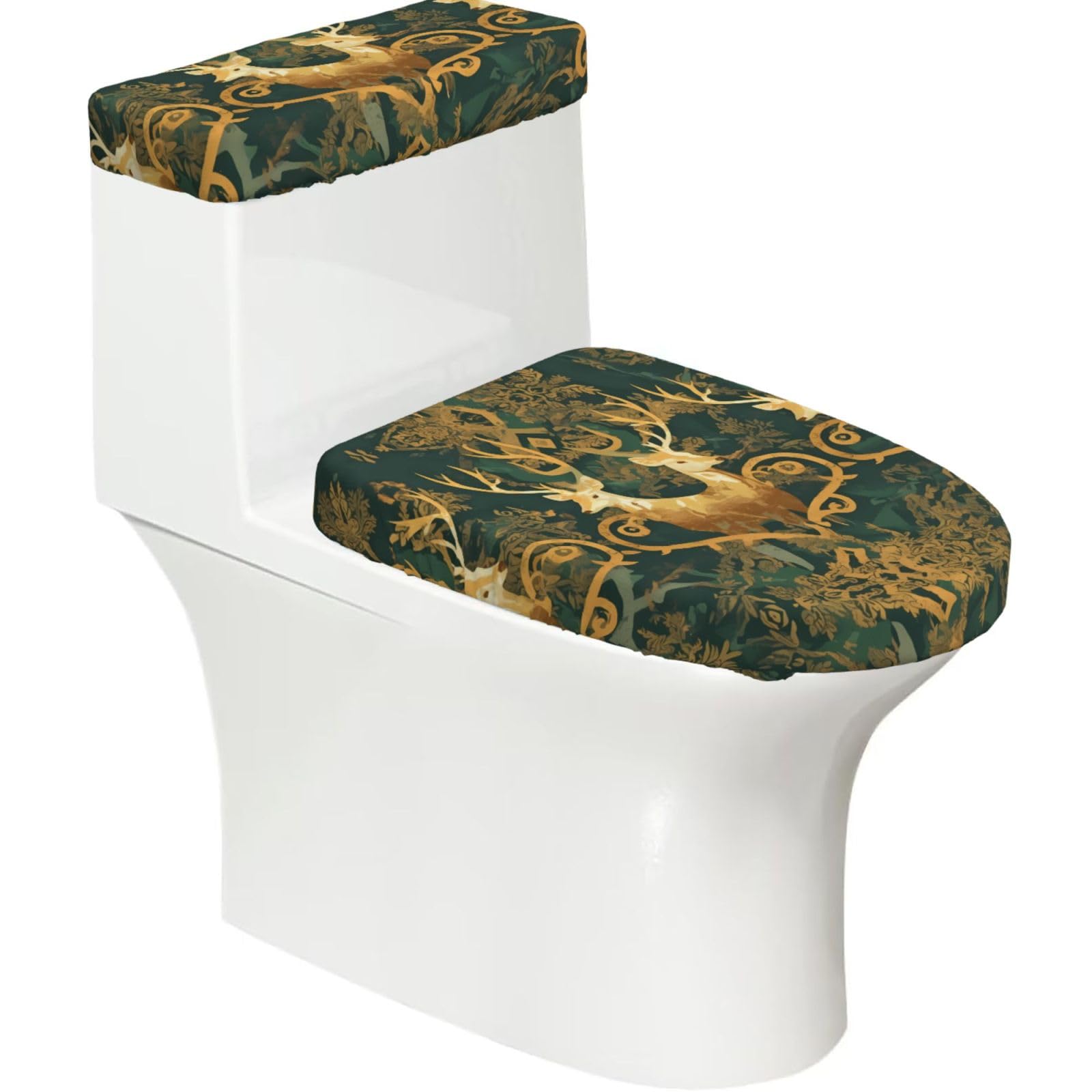 Jungle Deer 2-Piece Toilet Seat Cover Set with Tank Lid - Elastic for U-Shape & Elongated - Bathroom Decor