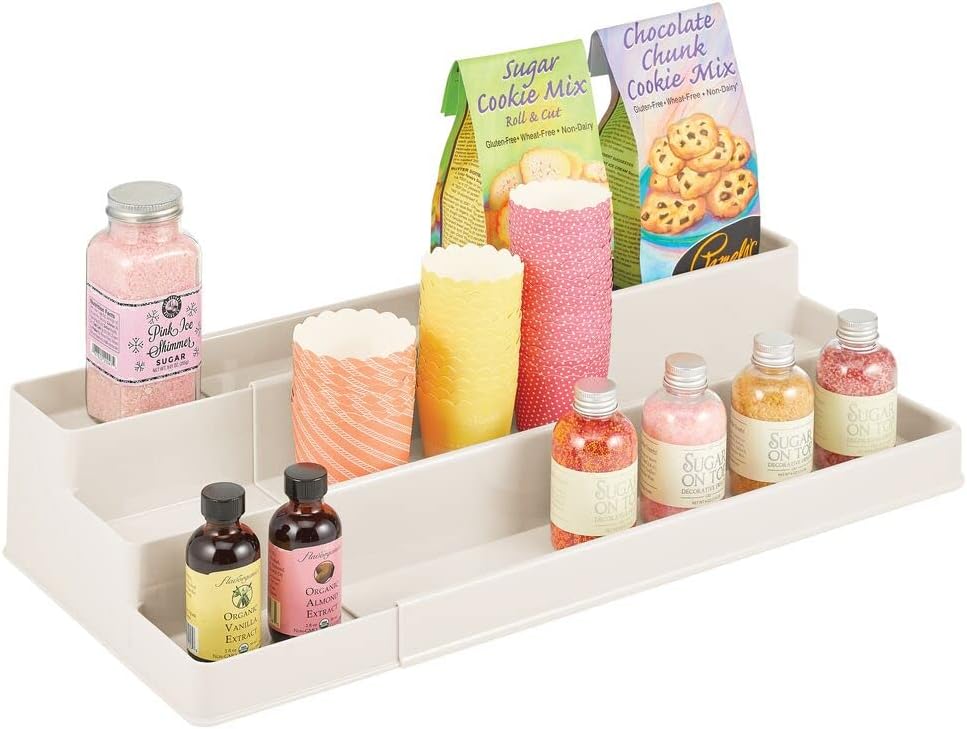 mDesign Medium Plastic Adjustable, Expandable Kitchen Cabinet, Pantry, Shelf Organizer/Spice Rack with 3 Tiered Levels of Storage for Spice Bottles, Jars, Seasonings, Baking Supplies - Cream