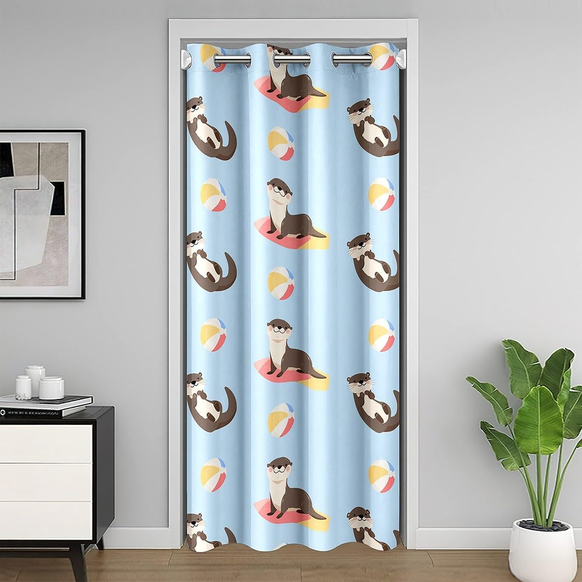 Cartoon Otter Kids Door Curtain,Colorful Ball Surfboard Summer Theme Door Drape for Bedroom Privacy,30%-50% Room Darkening Blackout Curtain for Bedroom,1 Panel 42" W X 80" L
