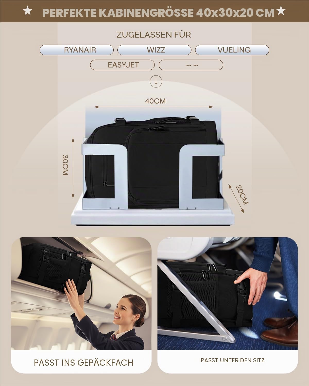Plecak podróżny do kabiny samolotu 40x30x20, plecak kabinowy Ryanair, torba podróżna Ryanair 40x20x30 jest wodoodporny, bagaż podręczny z portem ładowania i kieszenią antykradzieżową, Czarny
