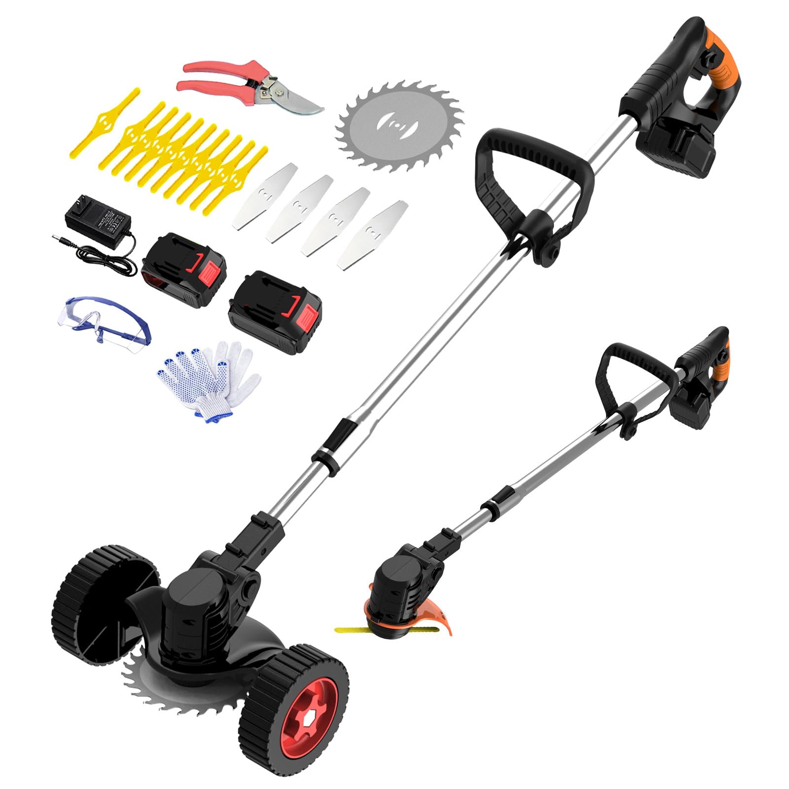 electric weed wacker cordless weed trimmer eater battery powered with 2 battery operated & charger & wheels & shears, lightweight 3 in 1 grass trimmer/brush cutter/lawn edger for lawn, garden