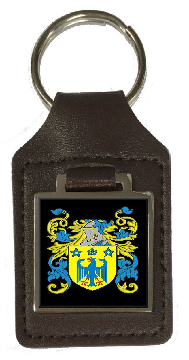 Bamvile Familien-Wappen, brauner Leder-Schlüsselanhänger mit Gravur