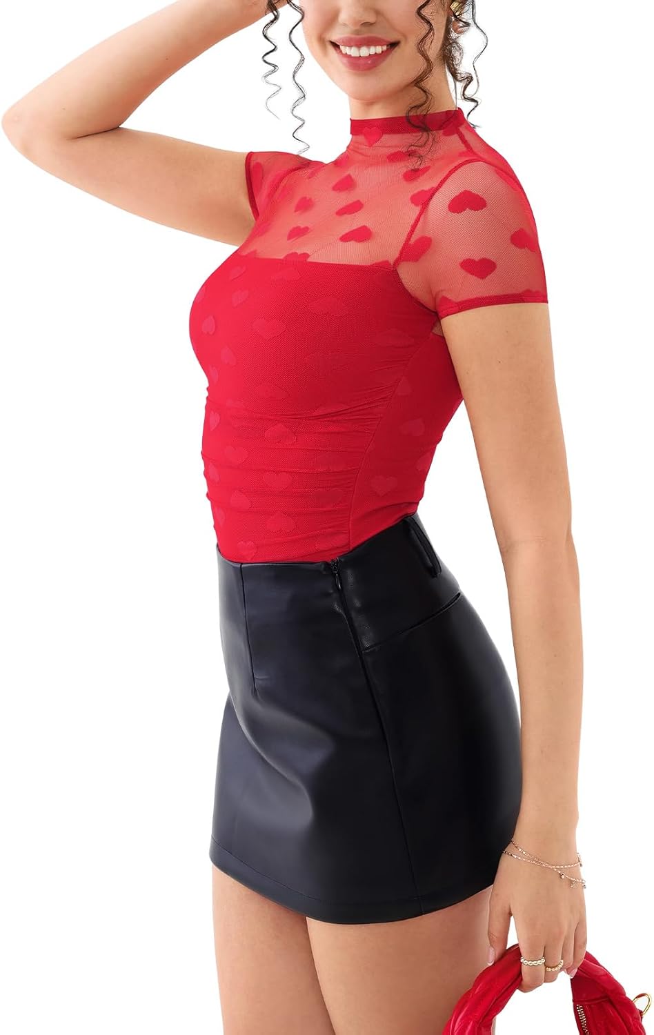 REORIA Women's Sexy Mock Turtle Neck Short Sleeve Shirts Sheer Mesh Ruched Trendy Going Out Bodysuits Tops - Image 3