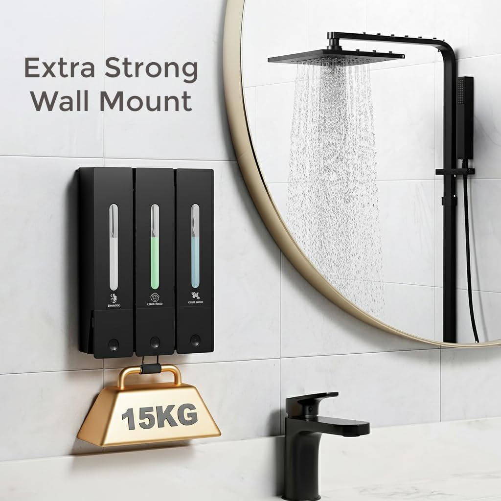 Soap Dispenser - 3 Chamber - 3x400ml - No Drill Wall Mount Bottles Organizer Toiletries for Cream Lotion Liquid Soaps Shampoo Conditioner Storage - Modern Essentials Bathroom Set - Black 2