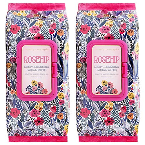Beauty Concepts Face Wipes & Makeup Remover Wipes - 2 Pack (60 Count Each) of Gentle Facial Towelettes – Flip Top Pack (Rosehip)