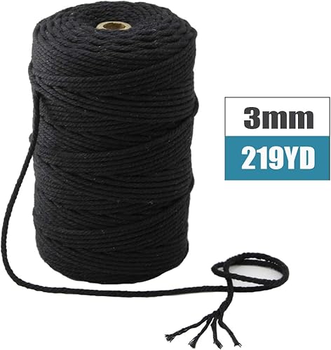 Miniatura 7 de Mygogo - Cuerda de macramé de 0.118 in x 219 yardas (aproximadamente 656.2 ft, 656 pies), cuerda de algodón de color negro, 4 hebras, cuerda de