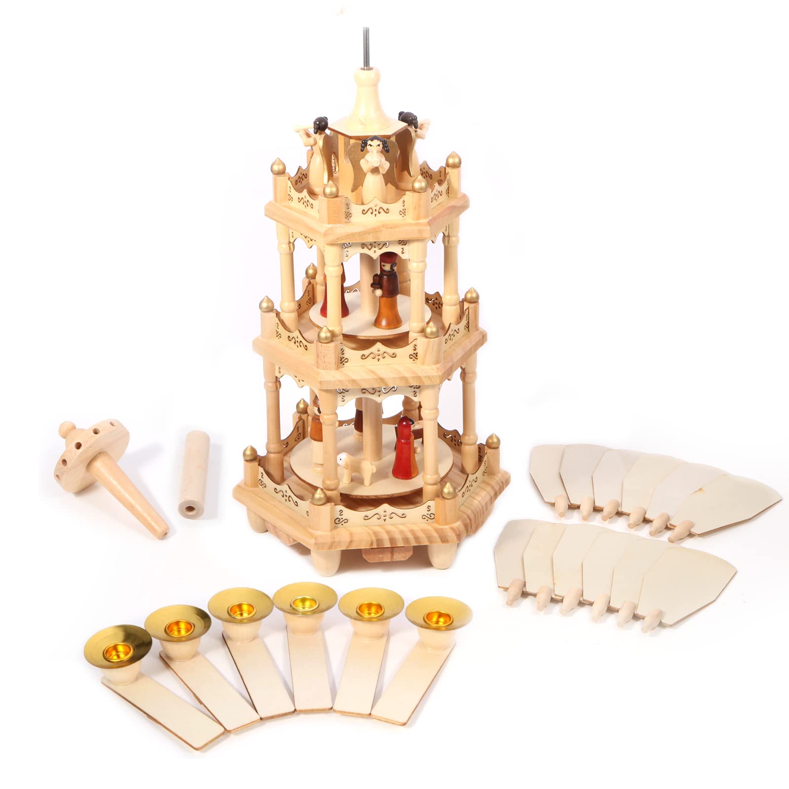 RUAIGRD 18 Inch Christmas Decoration Wooden Christmas Pyramid with Candle Holders - 3 Tiers - Hand Painted Nativity Figurines (Wooden Nature Color)