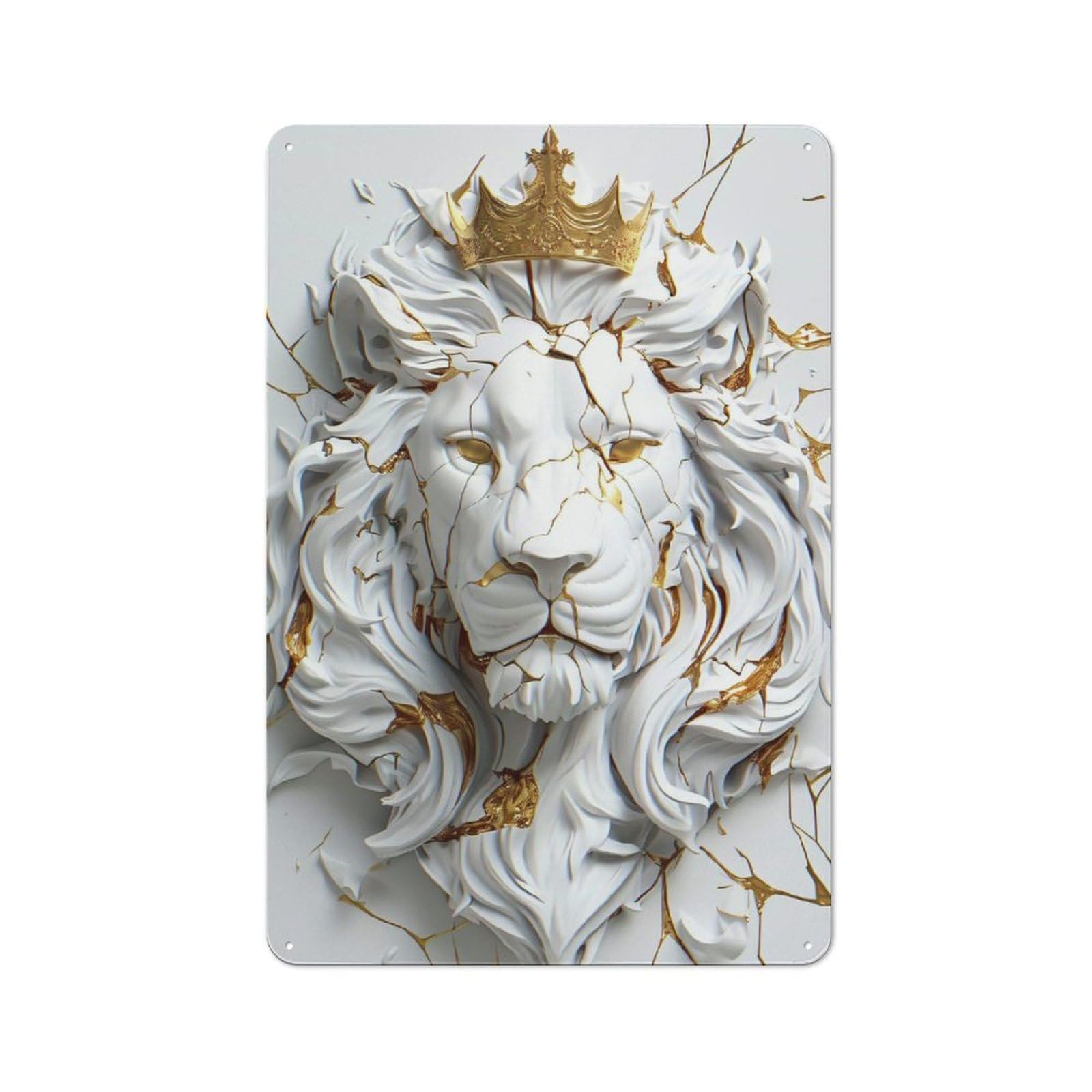 Junmoney Style-13 Cracked White Lion With Gold Crown Rustic Metal Sign 30X20cm For Pub Or Café, For Collectors Of Rustic Metal Wall Decor