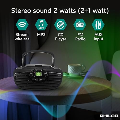 Miniatura 2 de Philco Boombox - Reproductor de CD portátil con Bluetooth, reproducción USB y reproductor de CD compatible con CD MP3WMACD-RCD-RW, entrada auxiliar,
