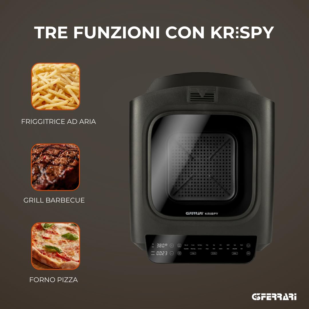 G3 Ferrari G10225 Krispy Forno Pizza e Friggitrice ad Aria, Multifunzione, 2100W, 13 Litri, Tecnologia HOBLO, Display Soft-Touch con 18 programmi, Fino a 380°C, Acccessori inclusi, Nero