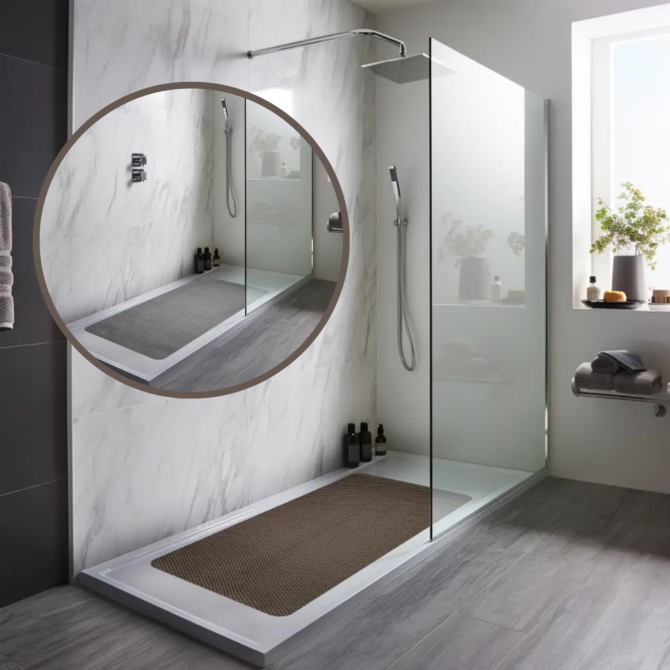 Rackhams Grey/Brown Reversible Dual-Colour Pvc Shower Bathroom Anti Slip Mat - 60X40cm
