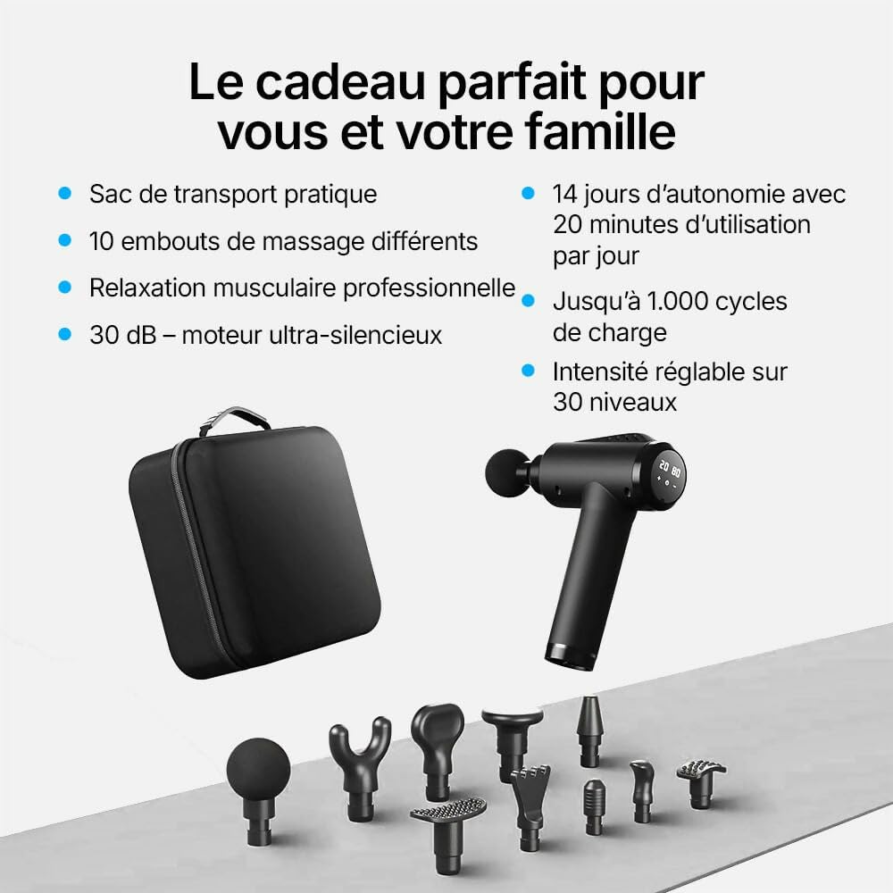 Pistolet de massage professionnel V1 - Technologie Deep Tissue, 3 600 impulsions par minute, 12 niveaux réglables et 6 têtes de massage professionnelles pour un soulagement total des muscles