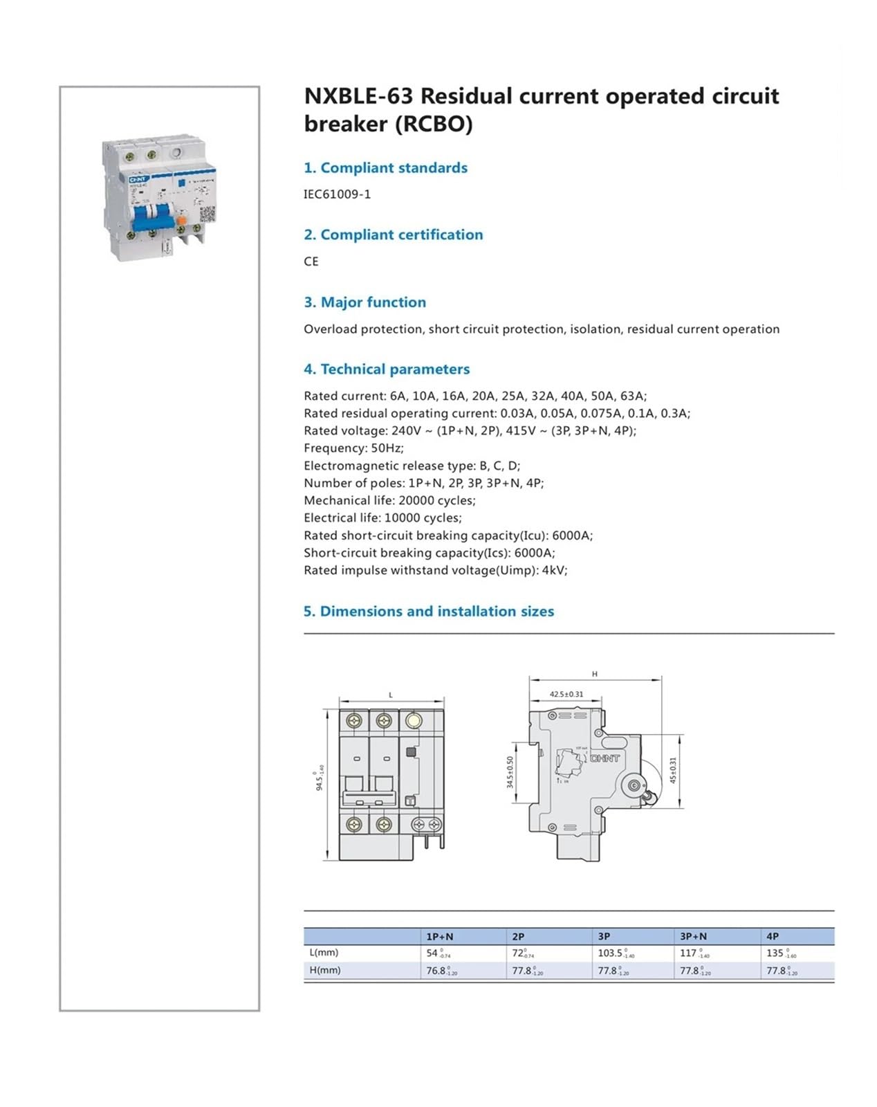 NXBLE-63 2P 30mA 6KA 32A 40A 50A 63A wyłącznik różnicowoprądowy (40A)