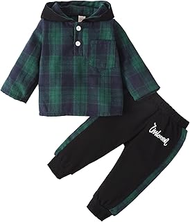 Ofanyia Baby Kids Boy Hooded Tracksuit Set Long Sleeve Plaid Hoodie Sweatshirt Pants Outfits Set Children Hoodie Shirts Top Bottom Workout Jogging Suit Boys School Playsuit