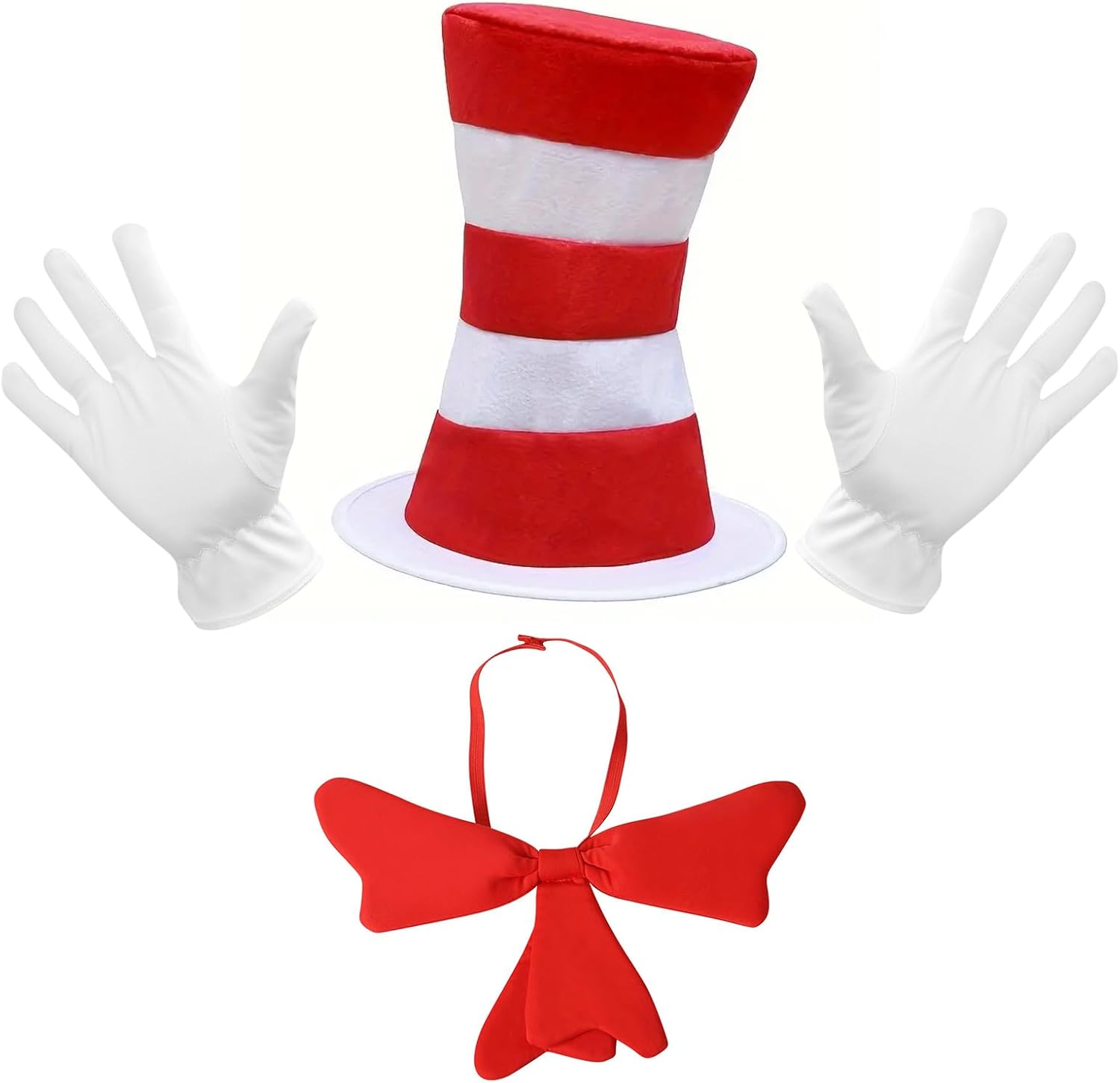 Top Hat Cat Costume Kit Adult Red and White Striped Hat, Gloves, Bow Tie, Halloween Props - Image 2