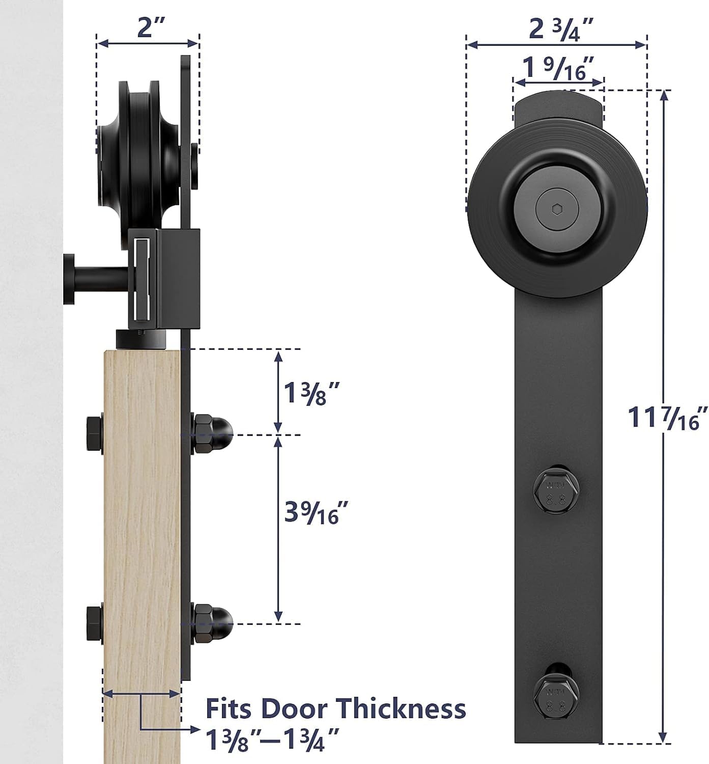 Sliding Barn Door Hardware Rollers, Silencer Design, Fit 1 3/8-1 3/4" Thickness Door Panel, Black-2 Pack