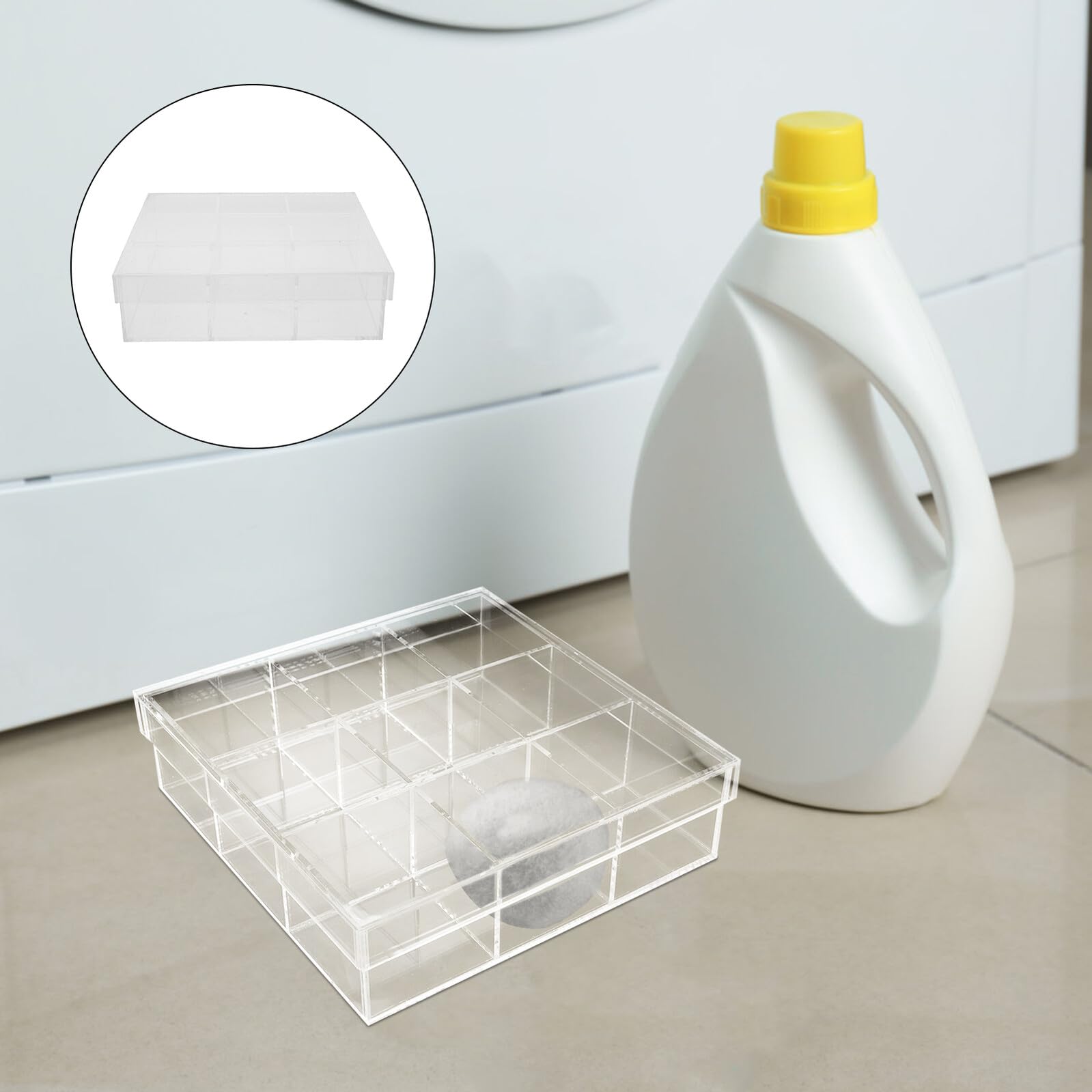 Scatola Portaoggetti per Palline Asciugatrice in Acrilico Trasparente | Coperchio Trasparente con Chiusura, Visibilità Immediata del Contenuto, Formato Compatto per Piano o Lavanderia