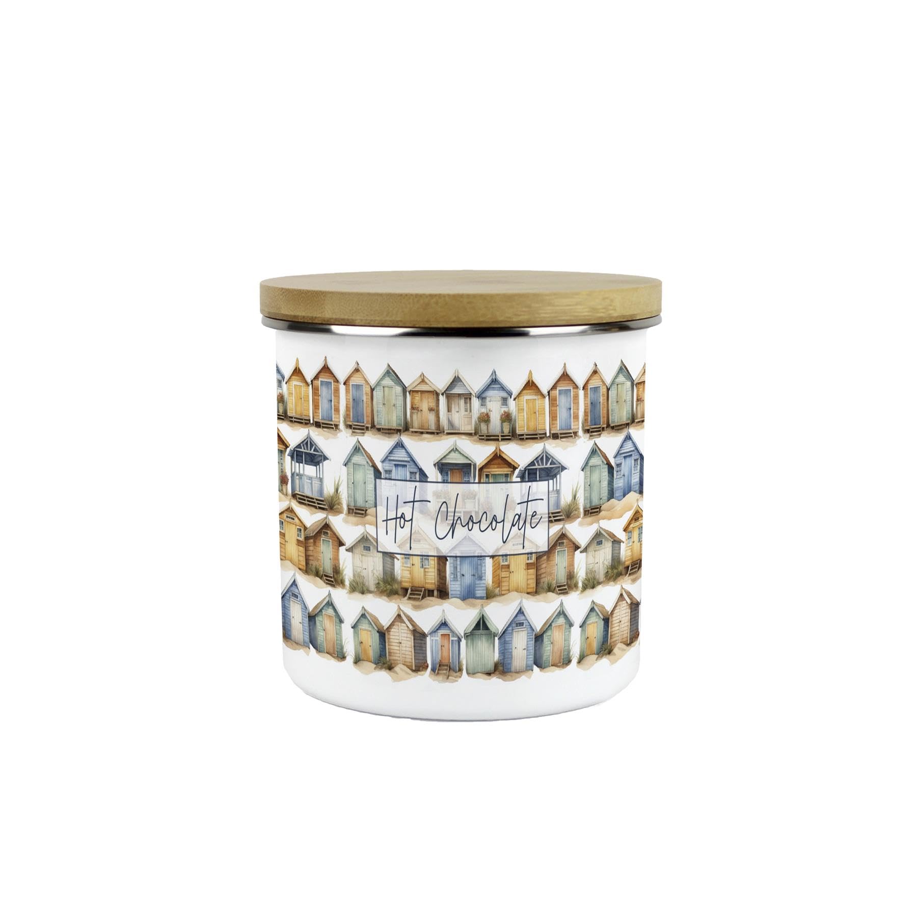Purely Home Beach Huts Hot Chocolate Storage Canister - Seaside Beach Coastal Gift - Metal Enamel Hot Drinks Storage Container