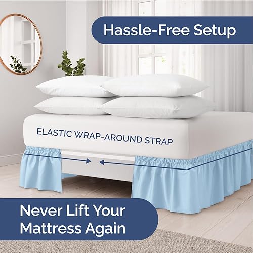 Miniatura 2 de CGK Linens - Falda de cama envolvente con volantes, color azul claro, para camas de tamaño individual con caída de 12 pulgadas, correa elástica de