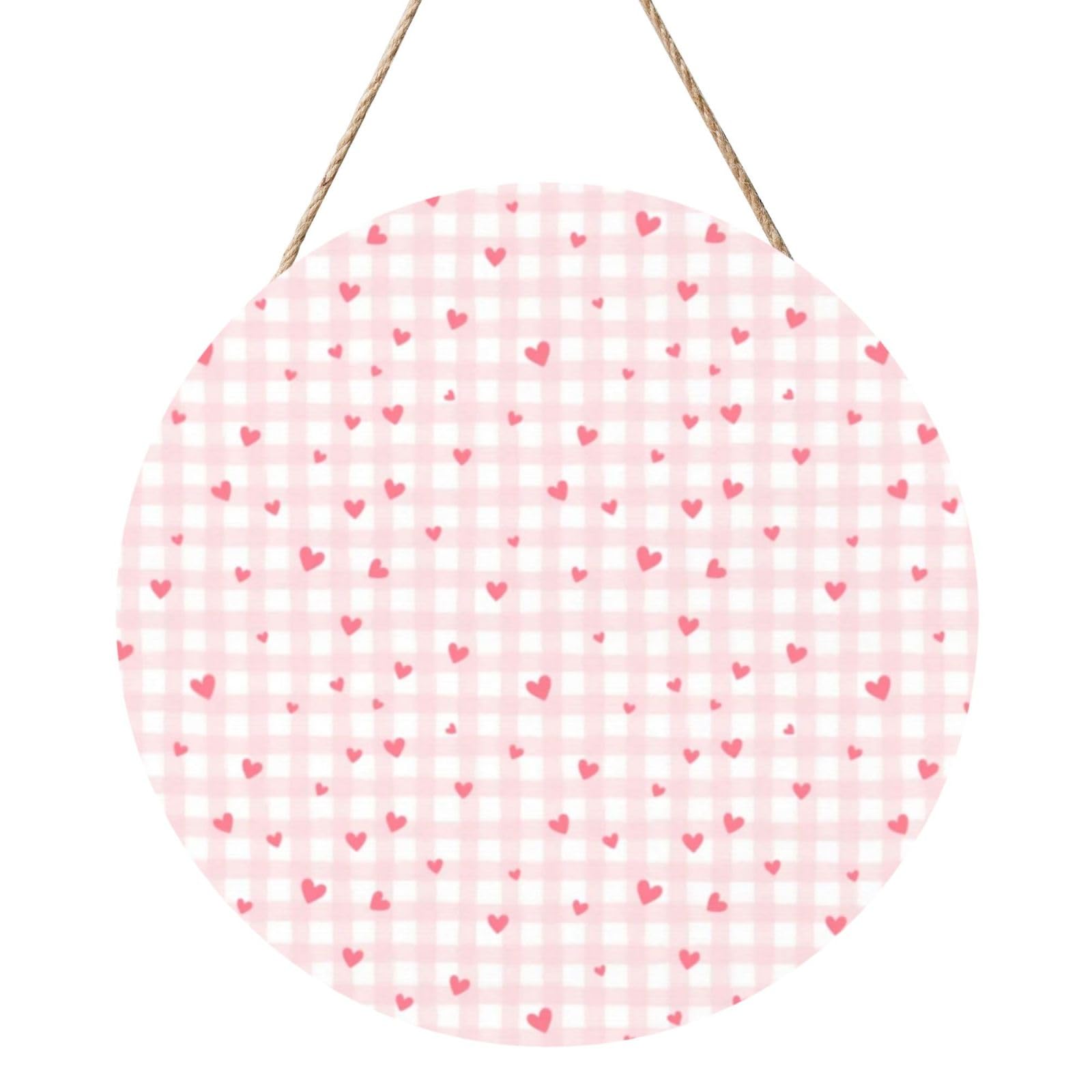 InOmak Pink Plaid Hearts, Round Wood Panel Painting 12 in, Wall Hanging Painting For Home