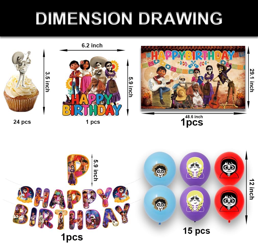 42pcs Dsney Coco Birthday Party Supplies -Included Banner, cupcake toppers , backdrop and Balloons Banner for Coco Cartoon Themed Party Decorations