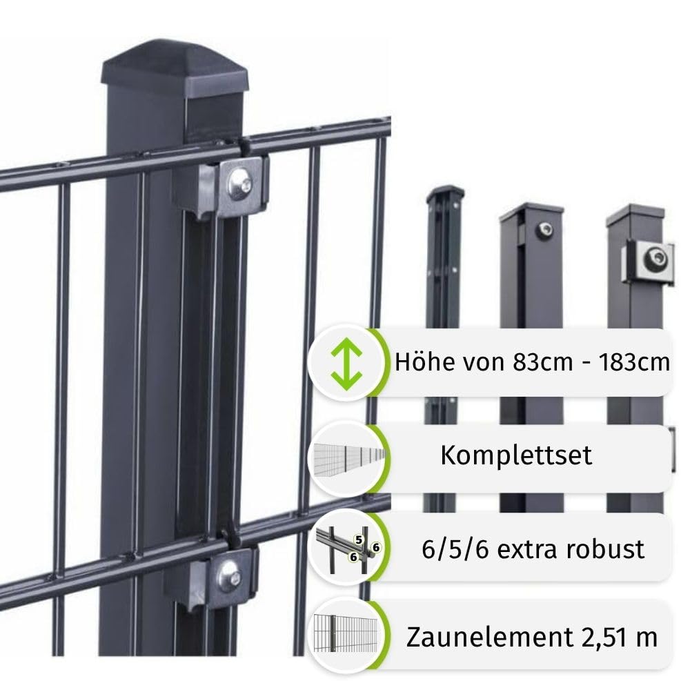 HORI Doppelstabmattenzaun I Zaun Komplettset I verschiedene Längen und Höhen – mit Klemmhalter Anthrazit,Grau RAL 7016 Höhe 143 cm - Länge 5 m