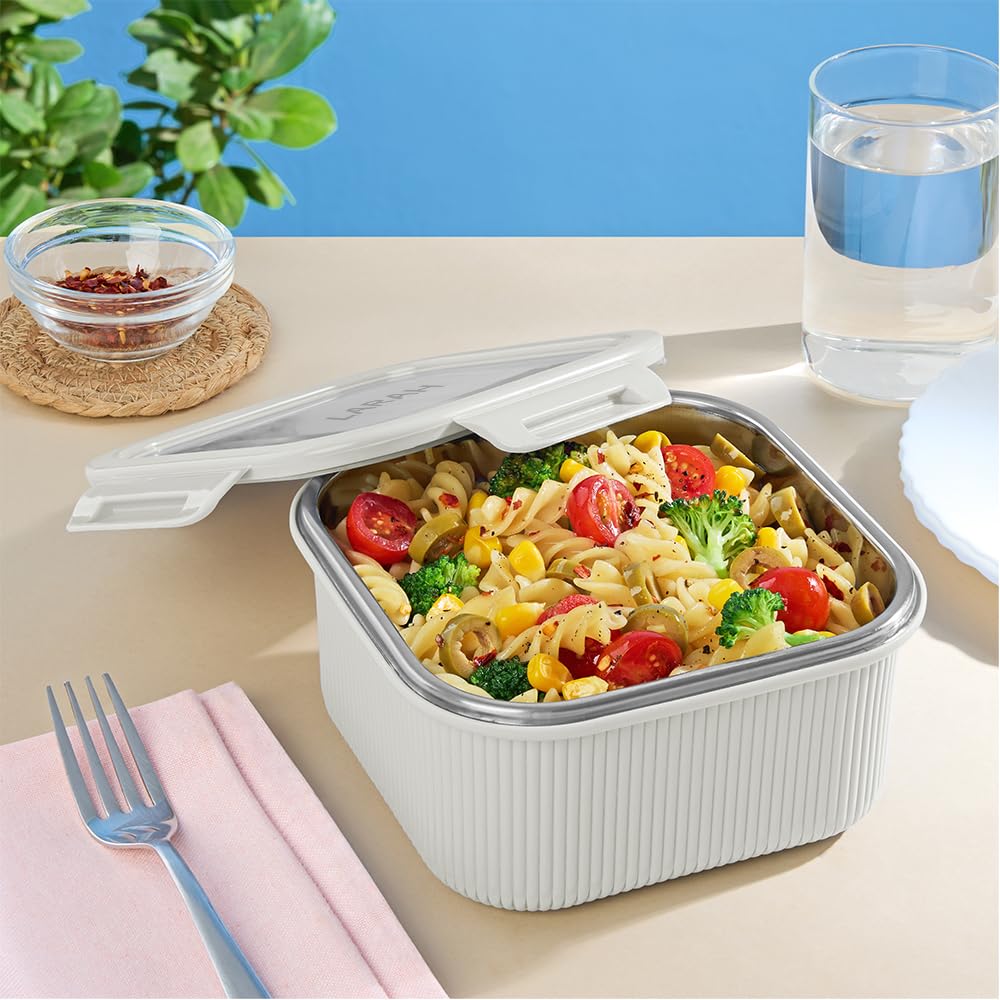 Larah by BOROSIL Freshbyte Food Storage Container with Airtight Stainless Steel Lid | Fridge Container for Lunchbox | Food Grade | Microwave Safe (Grey, 800 ml, Square)