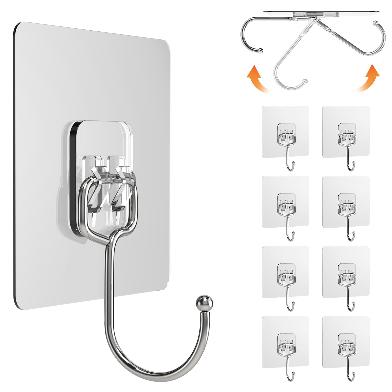 Lsnisni 10 Pack Large Adhesive Hooks, Wall Hooks for Hanging Heavy Duty 22Ib(Max), Clear and Removable Strong Sticky Hooks, Waterproof and Rustproof