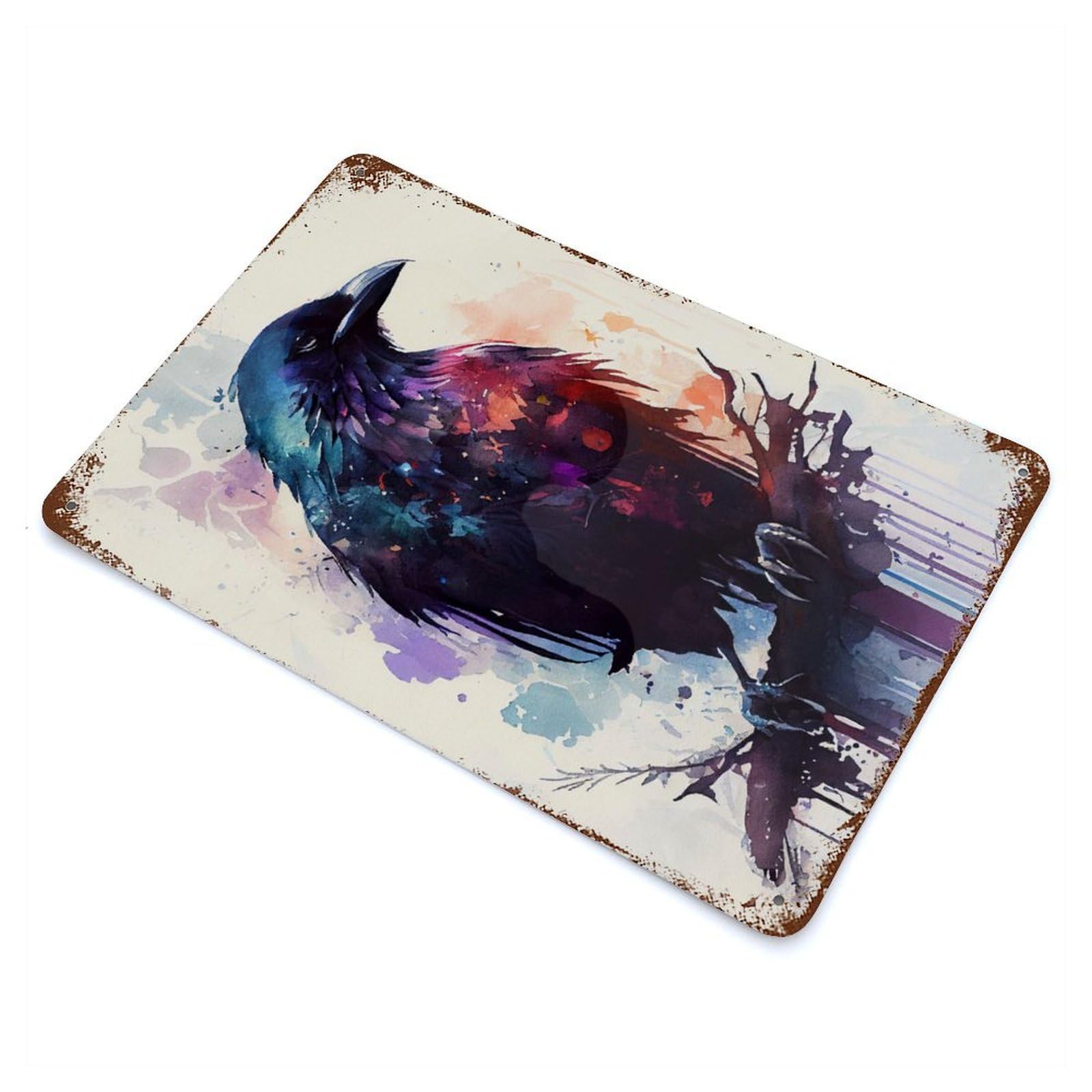 Rust Effect Tin Sign Raven Colorful 11.8"x7.9", Vintage Wall Decor for Living Room, Hallway And Home Decor