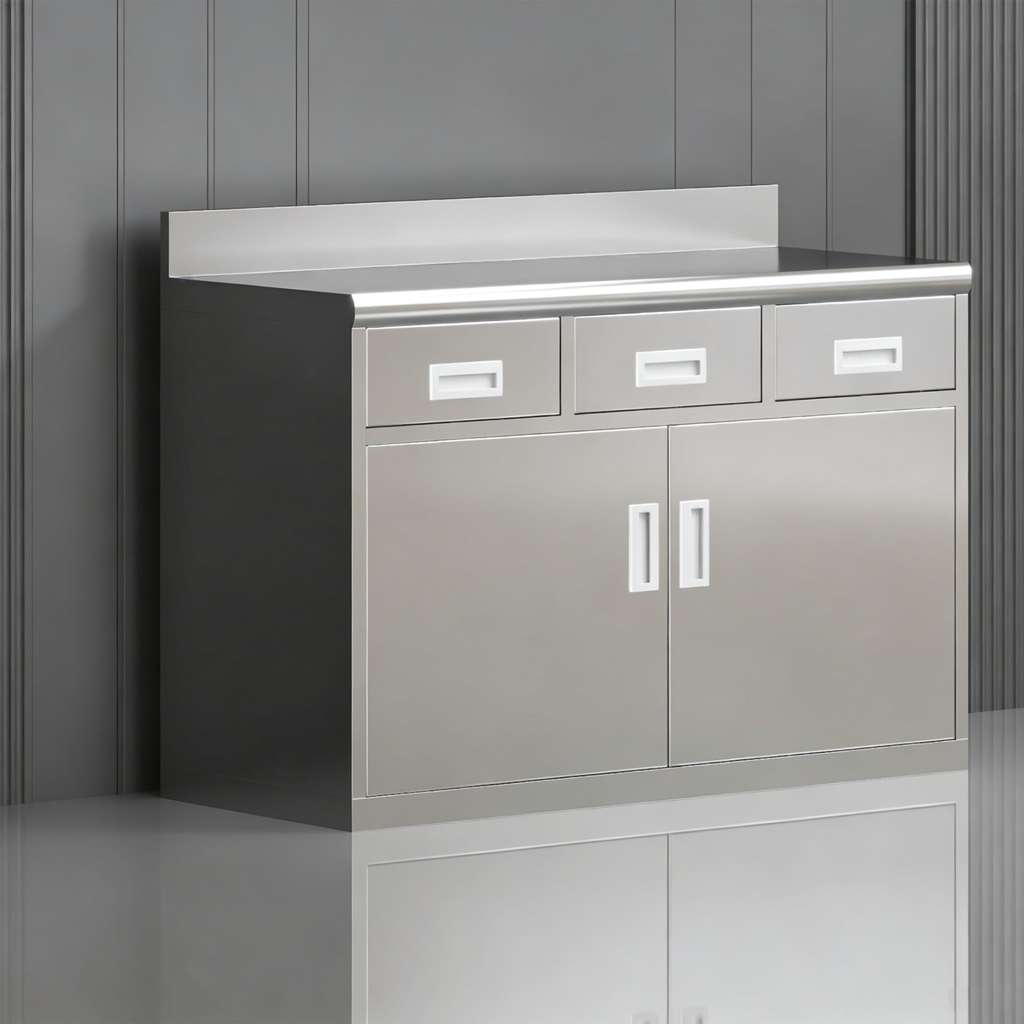 KIBONCY 304 Stainless Steel Buffet Cabinet, Lockable Kitchen Sideboard with Drawer & Adjustable Shelf, Multi-Purpose Prep Station Storage Cupboard for Household(C,1200)