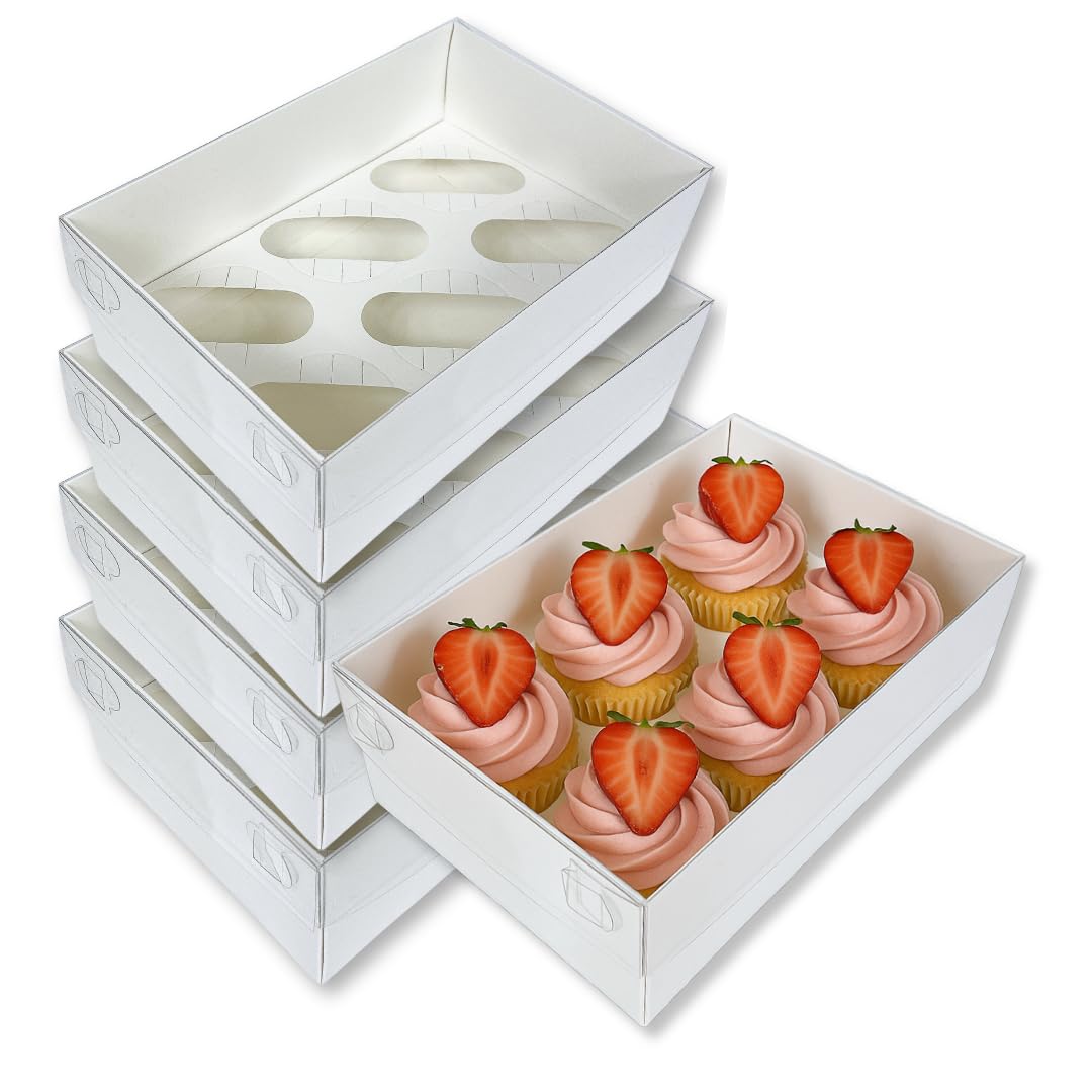 Edible Print Supplies White Sweet Artist 5 Pack 6-Hole Cupcake Boxes Extra -Tall Design With Clear Display Lid And Insert, Pack Of 5